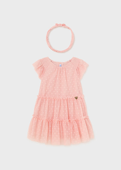 Vestido de plumeti para bebé con diadema de tul - Rosa pastel.