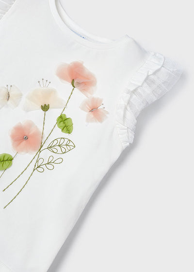 Camiseta flores tul niña  - Crudo Nude.