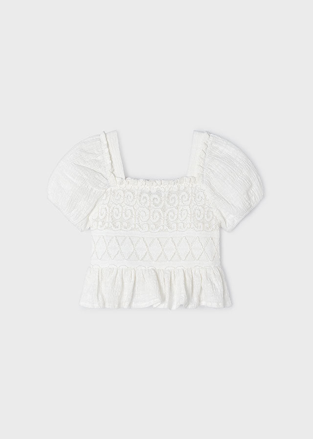 Blusa combinada de crochet para niña - Crudo.