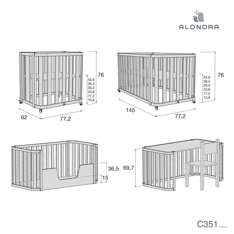 CREA PLUS TRE - Cuna-cama-escritorio 55X70/70x140 cm (6en1) ATRACITA · C351-M5058