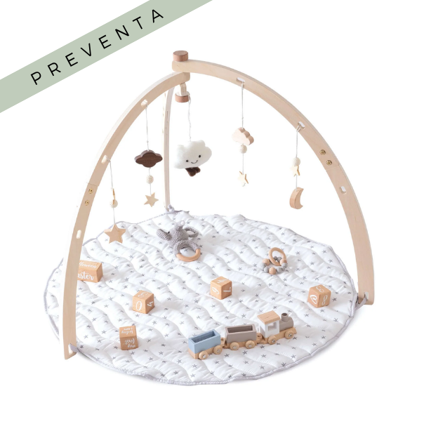 PREVENTA-Gimnasio bebé madera Montessori + alfombra acolchada