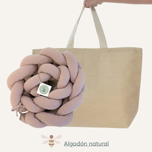 Trenza protector de cuna 180 roza crema  - Algodón natural + Bolsa de regalo