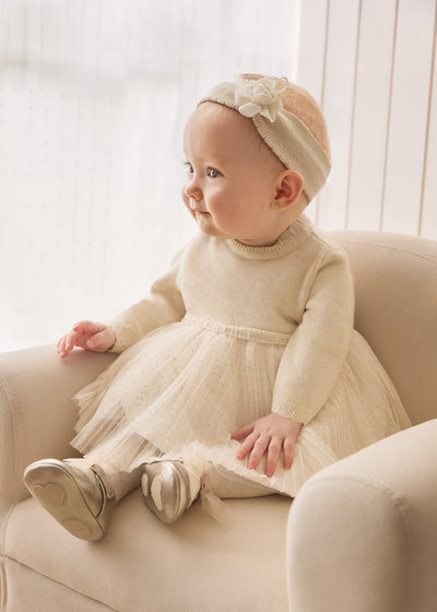 Vestido combinado tricot y tul recién nacido - color Champán